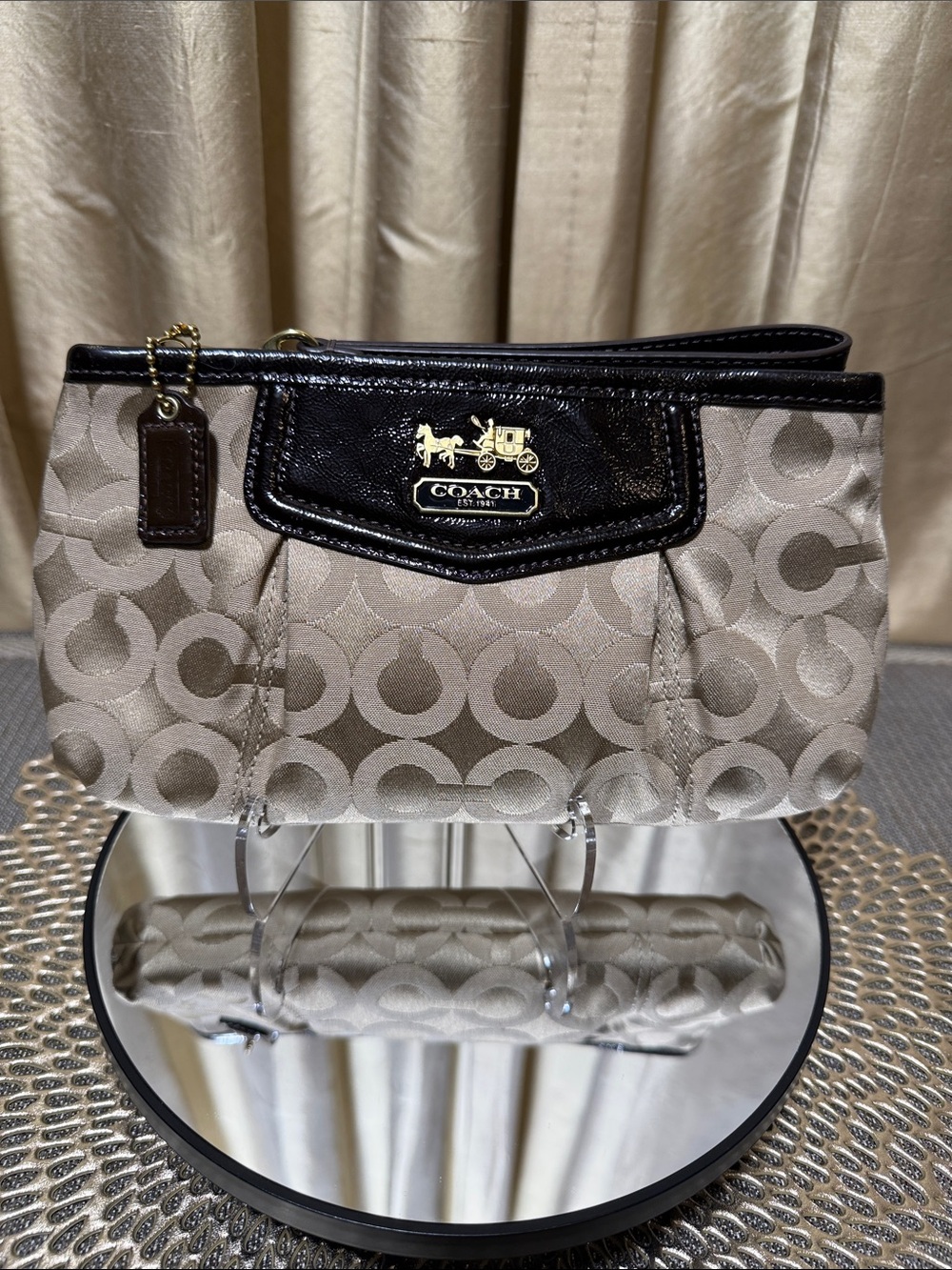 Coach Signature C Logo Wristlet with Brown Leather Trim and Gold Hardware